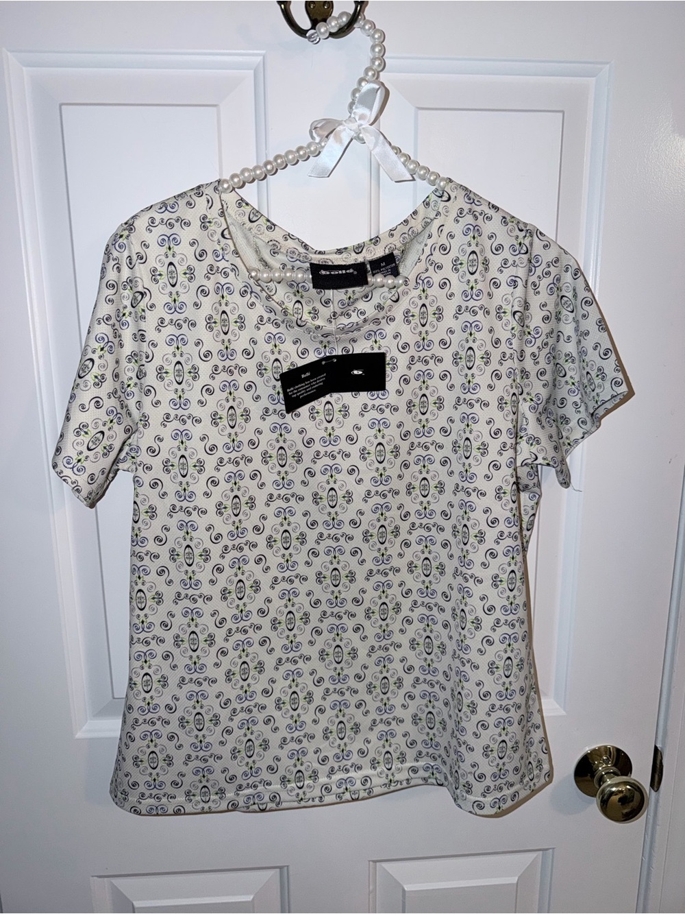 Boden White Short-Sleeve Crewneck Top with Green & Black Print
